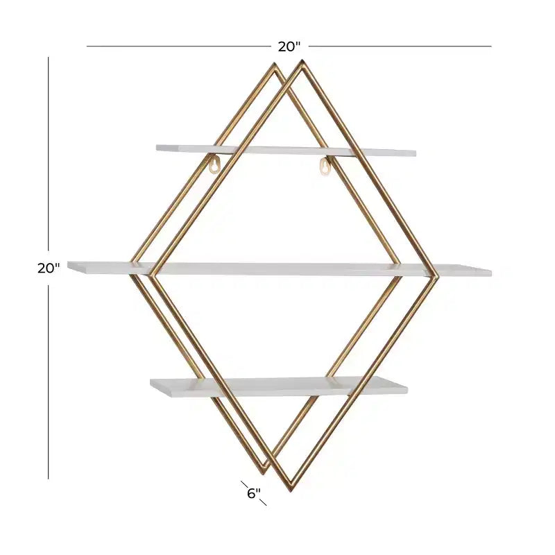 Estantería de pared de madera de 20x20 pulgadas con 3 estantes y forma de diamante dorada - Olivia & May: Estilo Glam, MDF, no requiere montaje