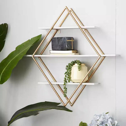 Étagère Murale en Bois 20"x20" avec 3 Niveaux et Forme de Diamant Doré - Olivia & May : Style Glamour, MDF, Aucun Assemblage Requis