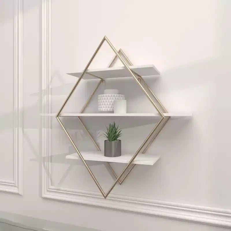 Estantería de pared de madera de 20x20 pulgadas con 3 estantes y forma de diamante dorada - Olivia & May: Estilo Glam, MDF, no requiere montaje