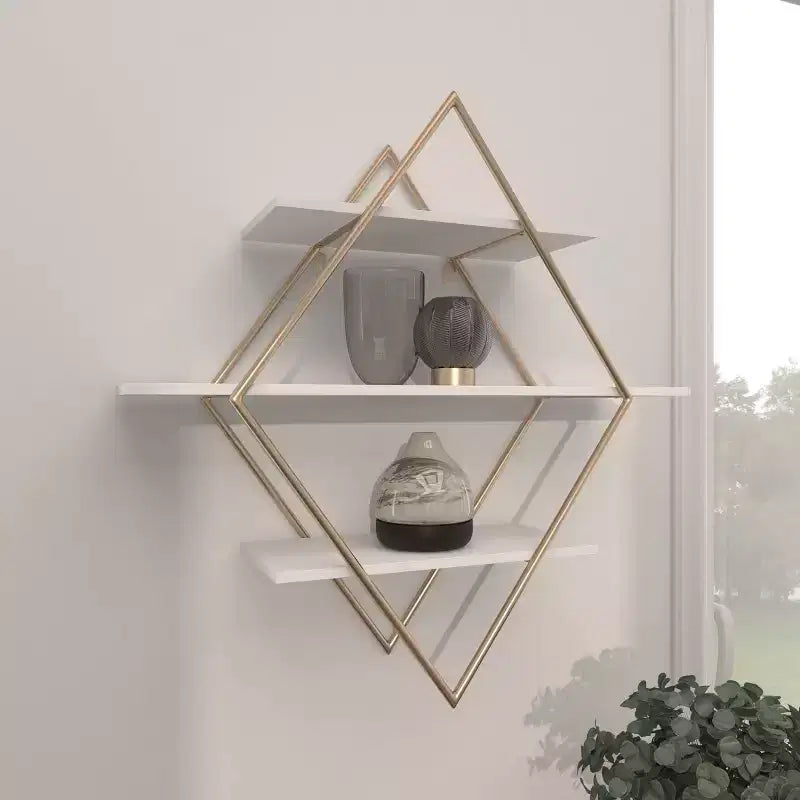 Estantería de pared de madera de 20x20 pulgadas con 3 estantes y forma de diamante dorada - Olivia & May: Estilo Glam, MDF, no requiere montaje