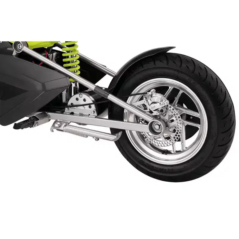 Bicicleta eléctrica Razor RSF650 con neumáticos, motor accionado por cadena y compartimento oculto. Soporta 220 libras y alcanza velocidades de 17 millas por hora.
