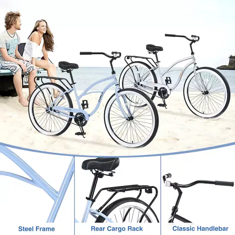 Bicicleta de una sola velocidad de acero 26 pulgadas, cuadro de acero, ruedas anchas para mayor estabilidad, freno de pedal trasero, varios colores, bicicleta playera para hombres y mujeres