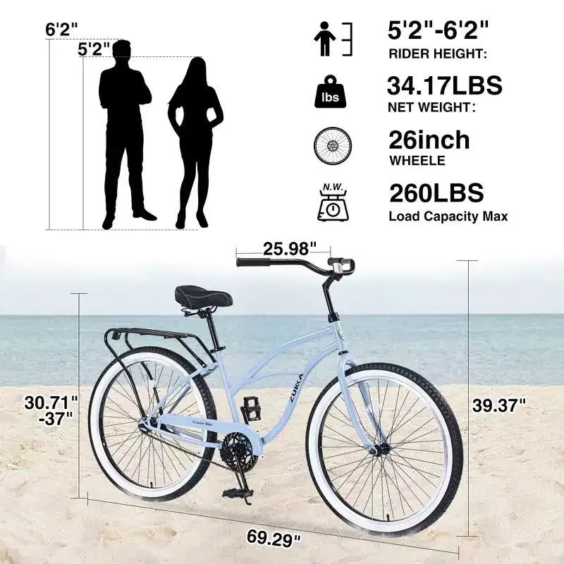 Bicicleta de una sola velocidad de acero 26 pulgadas, cuadro de acero, ruedas anchas para mayor estabilidad, freno de pedal trasero, varios colores, bicicleta playera para hombres y mujeres