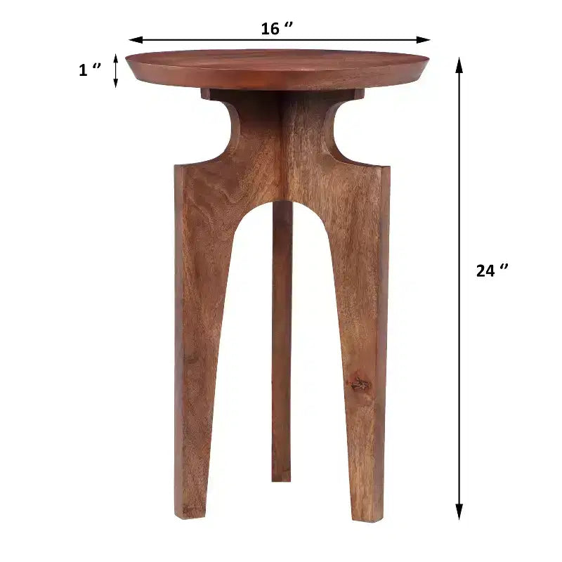 Mesa auxiliar redonda de madera de mango de 3 patas, nogal