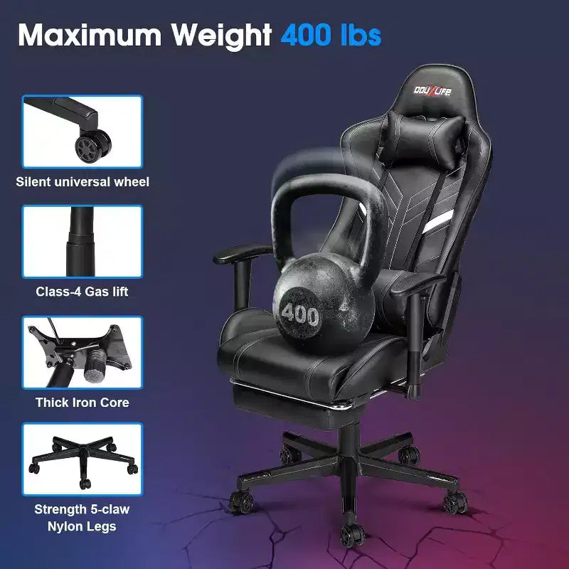 Douxlife Silla Ergonómica Gamer Moderna con Masaje de 7 Puntos, Reposapiés y Reposabrazos Ajustables Negra