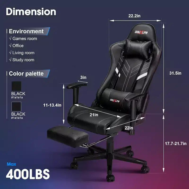 Douxlife Silla Ergonómica Gamer Moderna con Masaje de 7 Puntos, Reposapiés y Reposabrazos Ajustables Negra