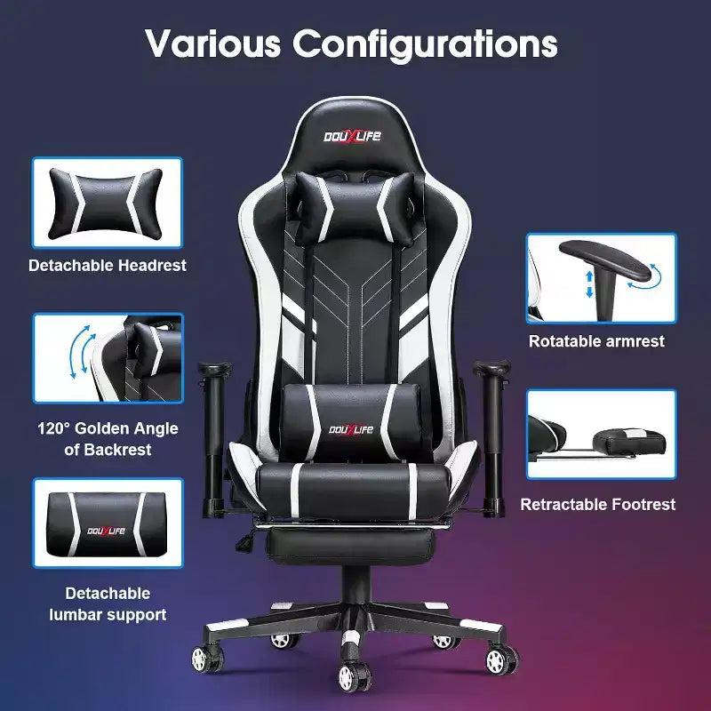 Sillón Ergonómico para Juegos Douxlife Modern con Masaje de 7 Puntos, Reposapiés y Apoyabrazos Ajustables, Negro Blanco