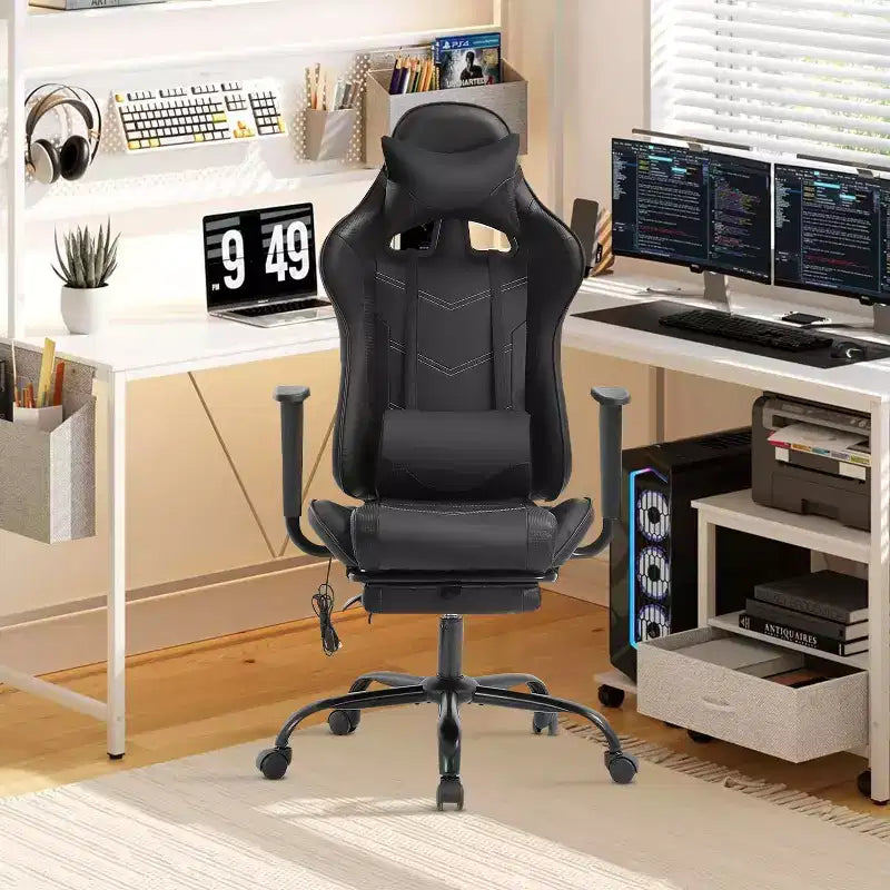 Silla de oficina para videojuegos BestMassage Racing con función de masaje, apoyo lumbar, cuero sintético, para adultos