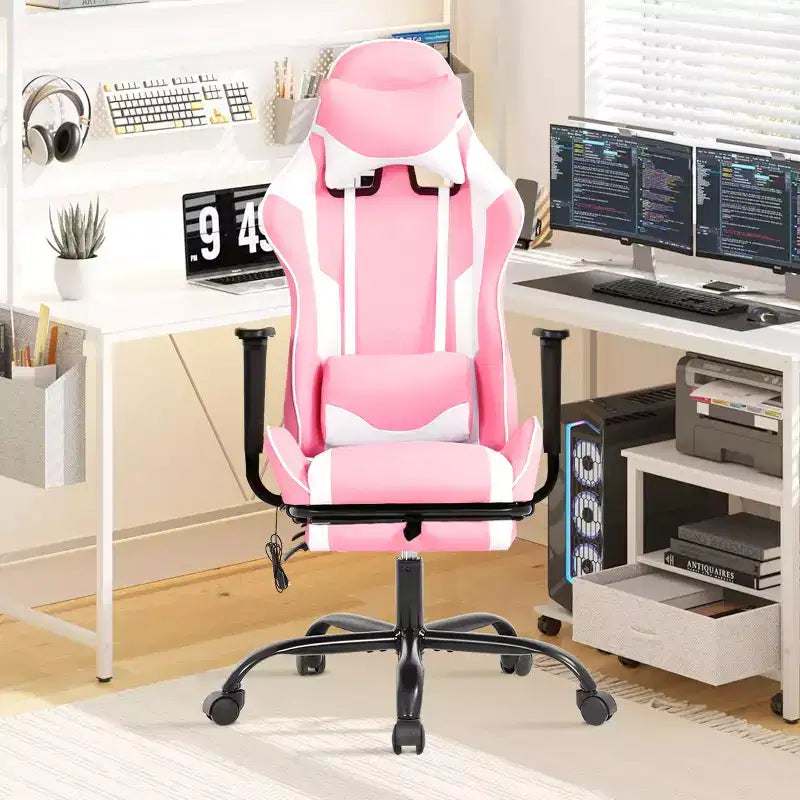 Silla de oficina para videojuegos BestMassage Racing con función de masaje, apoyo lumbar, cuero sintético, para adultos