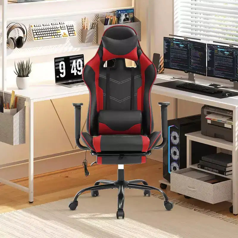 Silla de oficina para videojuegos BestMassage Racing con función de masaje, apoyo lumbar, cuero sintético, para adultos