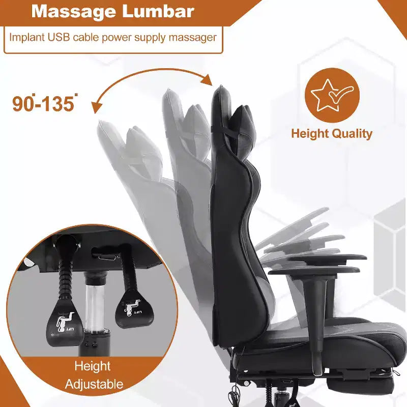 Silla de oficina para videojuegos BestMassage Racing con función de masaje, apoyo lumbar, cuero sintético, para adultos