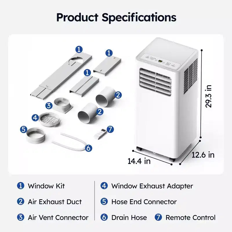 Climatiseur portable intelligent Simzlife 14000 BTU, 3-en-1 pour 37 m², contrôle via application, système auto-évaporatif, blanc
