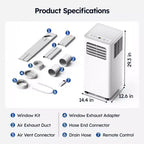 Climatiseur portable intelligent Simzlife 14000 BTU, 3-en-1 pour 37 m², contrôle via application, système auto-évaporatif, blanc