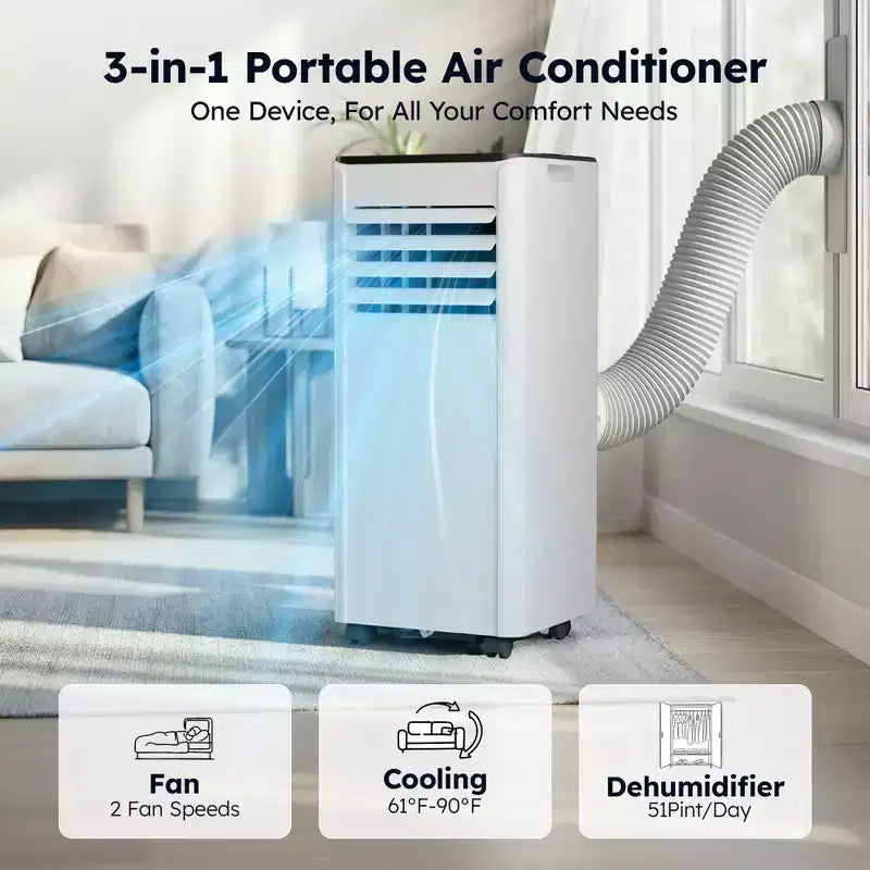Climatiseur portable Simzlife 10000 BTU (DOE) 3-en-1 avec ventilateur déshumidificateur mode veille pour 42 m², kits de fenêtre réglables, blanc