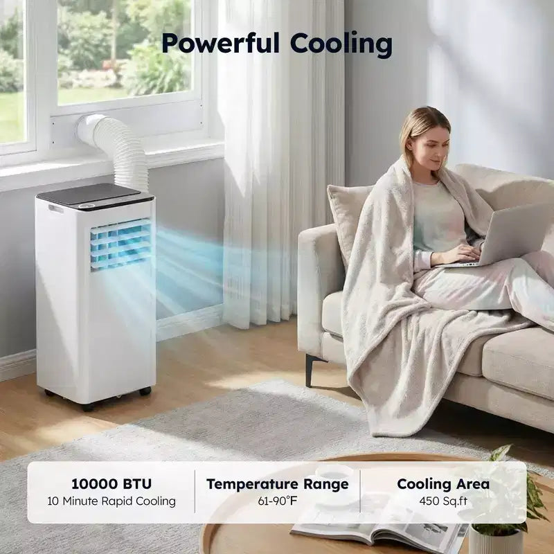 Climatiseur portable Simzlife 10000 BTU (DOE) 3-en-1 avec ventilateur déshumidificateur mode veille pour 42 m², kits de fenêtre réglables, blanc