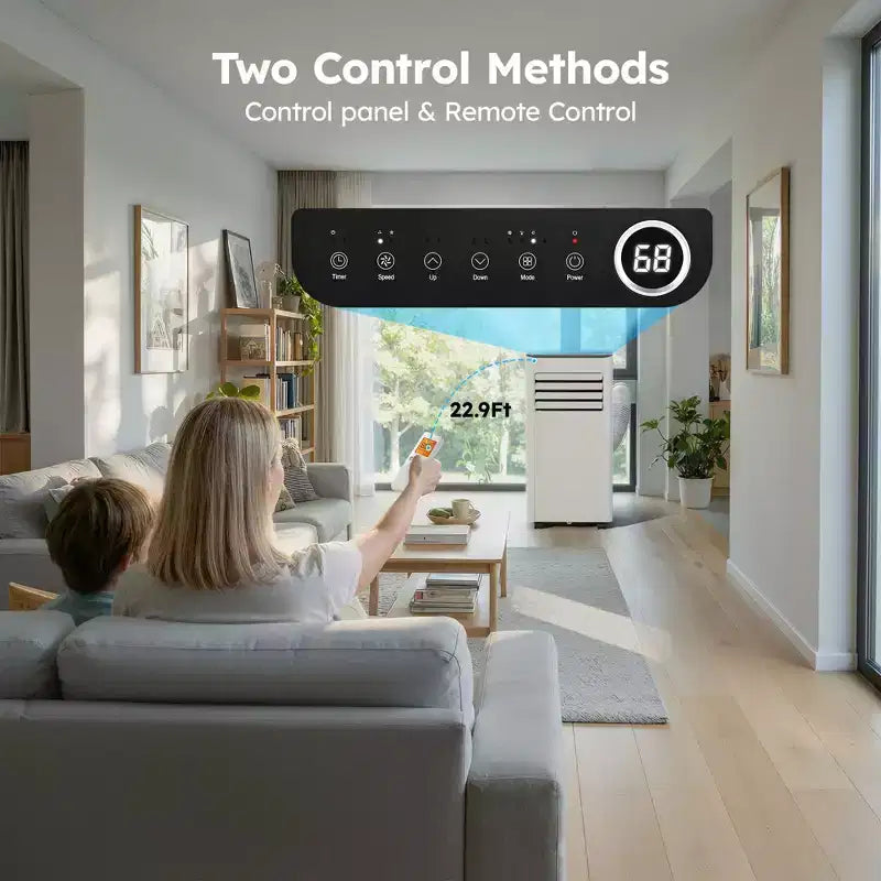 Climatiseur portable Simzlife 10000 BTU (DOE) 3-en-1 avec ventilateur déshumidificateur mode veille pour 42 m², kits de fenêtre réglables, blanc