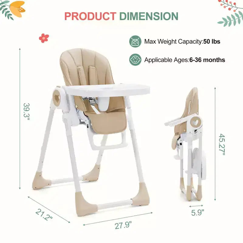 Trona para bebés y niños pequeños con alturas y reposapiés ajustables, trona plegable con respaldo reclinable en 5 posiciones