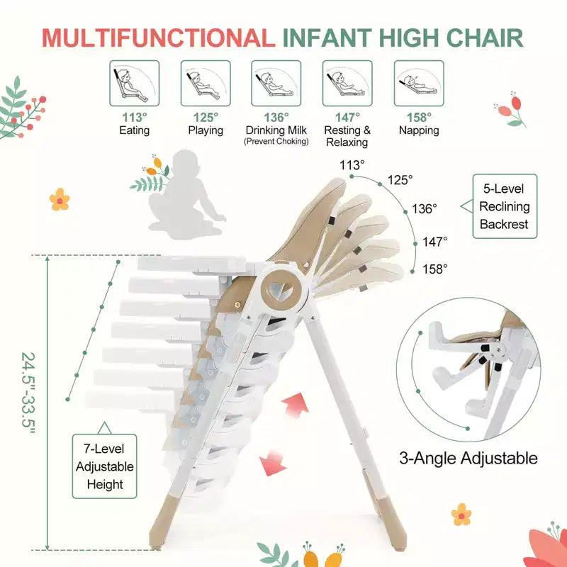 Trona para bebés y niños pequeños con alturas y reposapiés ajustables, trona plegable con respaldo reclinable en 5 posiciones
