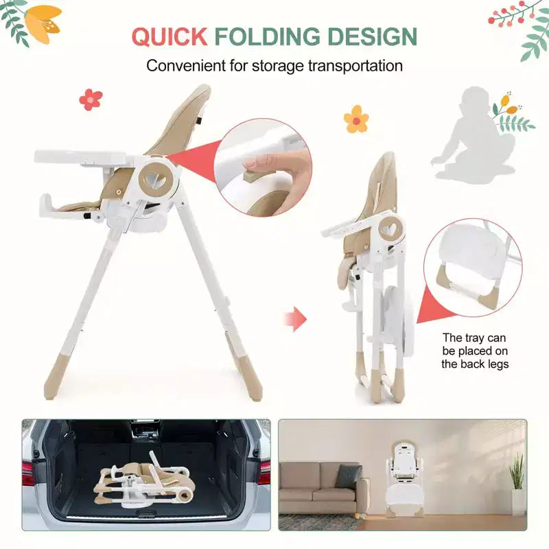 Trona para bebés y niños pequeños con alturas y reposapiés ajustables, trona plegable con respaldo reclinable en 5 posiciones