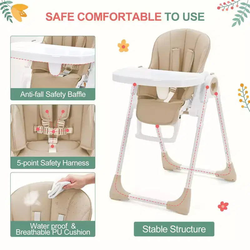 Trona para bebés y niños pequeños con alturas y reposapiés ajustables, trona plegable con respaldo reclinable en 5 posiciones