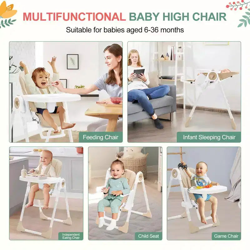 Trona para bebés y niños pequeños con alturas y reposapiés ajustables, trona plegable con respaldo reclinable en 5 posiciones
