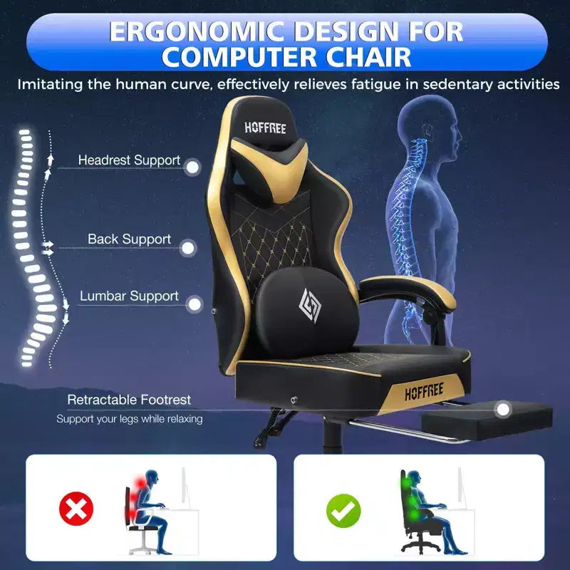 Sillón de masaje Hoffree de piel para juegos, silla ergonómica de oficina para PC con altavoz Bluetooth y reposapiés