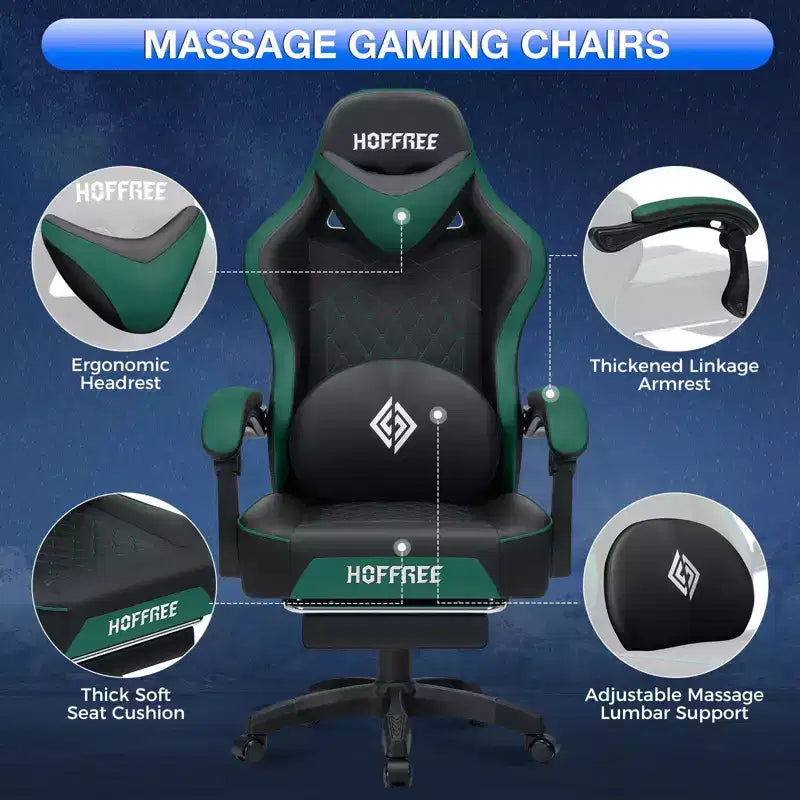 Sillón de masaje Hoffree de piel para juegos, silla ergonómica de oficina para PC con altavoz Bluetooth y reposapiés