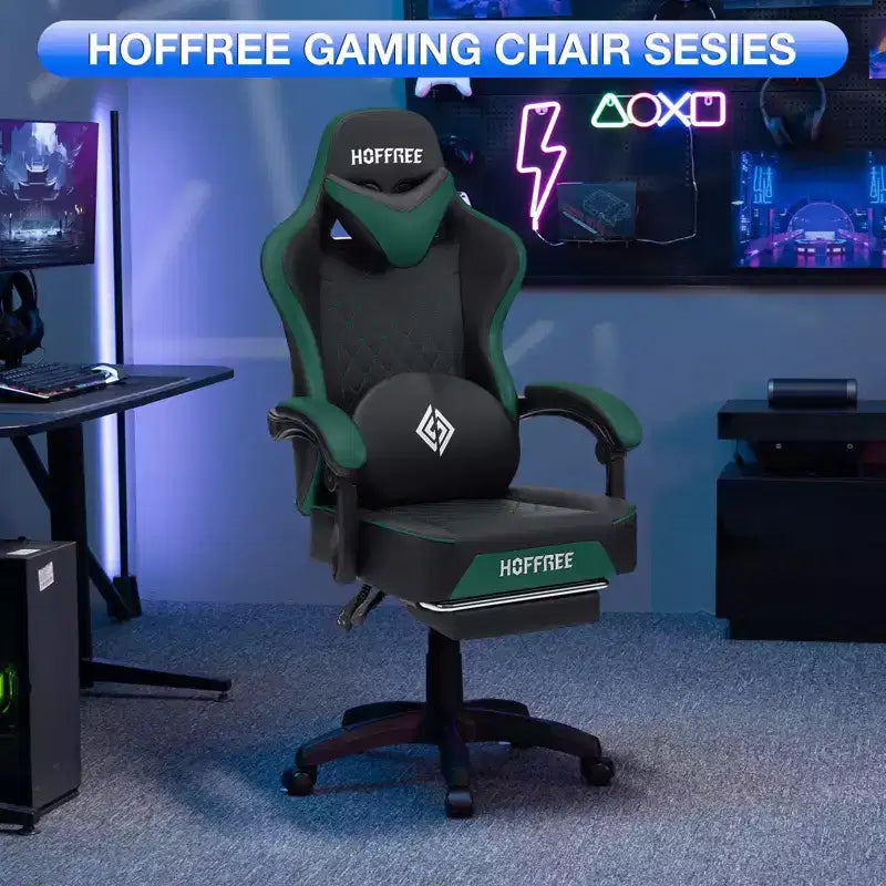 Sillón de masaje Hoffree de piel para juegos, silla ergonómica de oficina para PC con altavoz Bluetooth y reposapiés