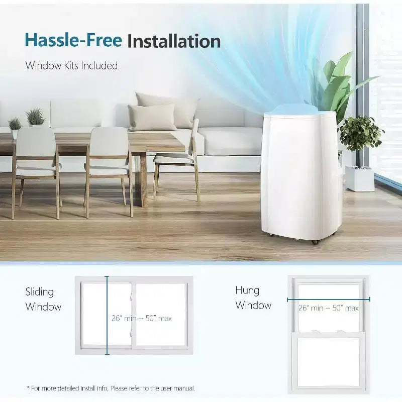 Climatiseur portatif 14 000 BTU avec télécommande ! Rafraîchit les pièces jusqu'à 65 m². Fonction 3-en-1, affichage numérique, minuterie 24h, kit d'installation