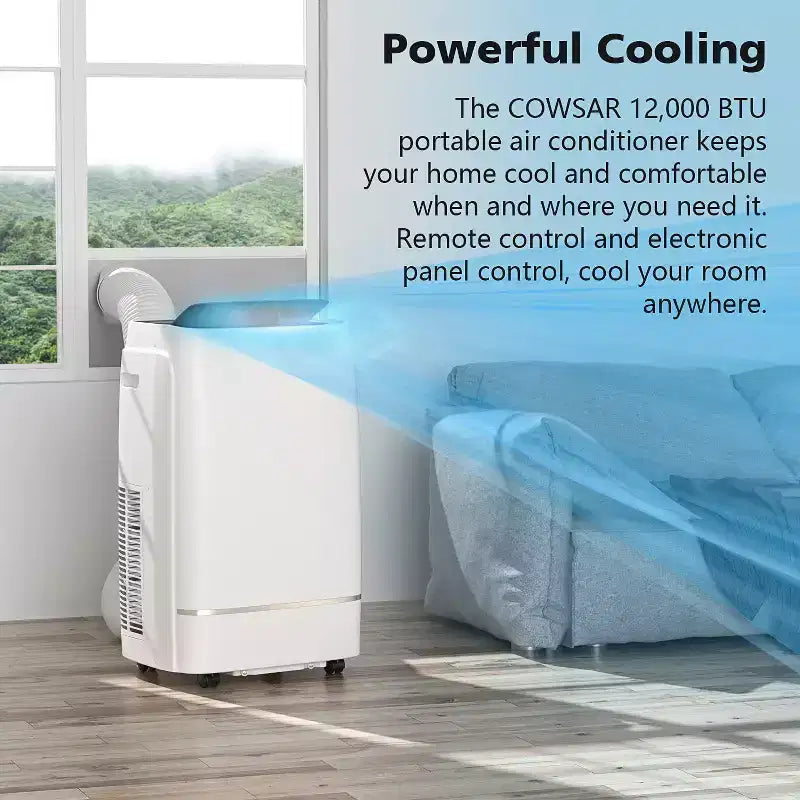 Climatiseur portable 12000 BTU pour pièces jusqu'à 51 m², déshumidificateur et ventilateur, climatiseur portable avec 3 vitesses de ventilation, minuterie 24h, télécommande