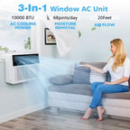 Climatiseur de fenêtre 10 000 BTU, unité de climatisation de fenêtre 3 en 1 pour pièce refroidit jusqu'à 42 m², mode économie d'énergie, 3 vitesses de ventilation et fonctionnement silencieux