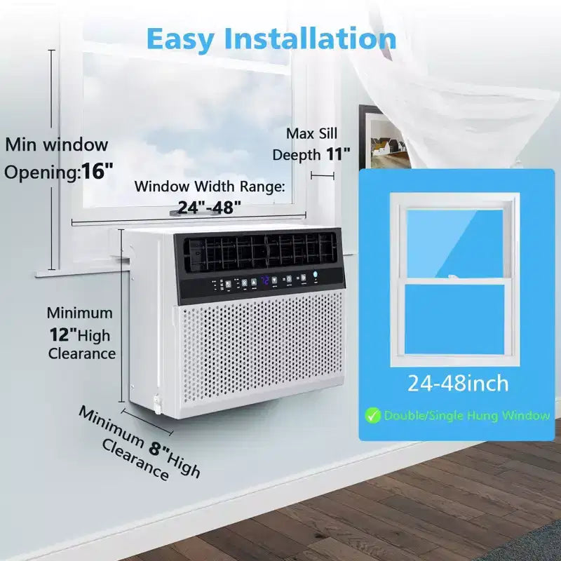 Climatiseur de fenêtre 10 000 BTU, unité de climatisation de fenêtre 3 en 1 pour pièce refroidit jusqu'à 42 m², mode économie d'énergie, 3 vitesses de ventilation et fonctionnement silencieux