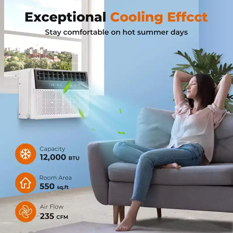 Climatiseur de fenêtre 12000 BTU, unité de climatisation de fenêtre 3 en 1 pour pièce jusqu'à 50 m², mode économie d'énergie, 3 vitesses de ventilation et fonctionnement silencieux