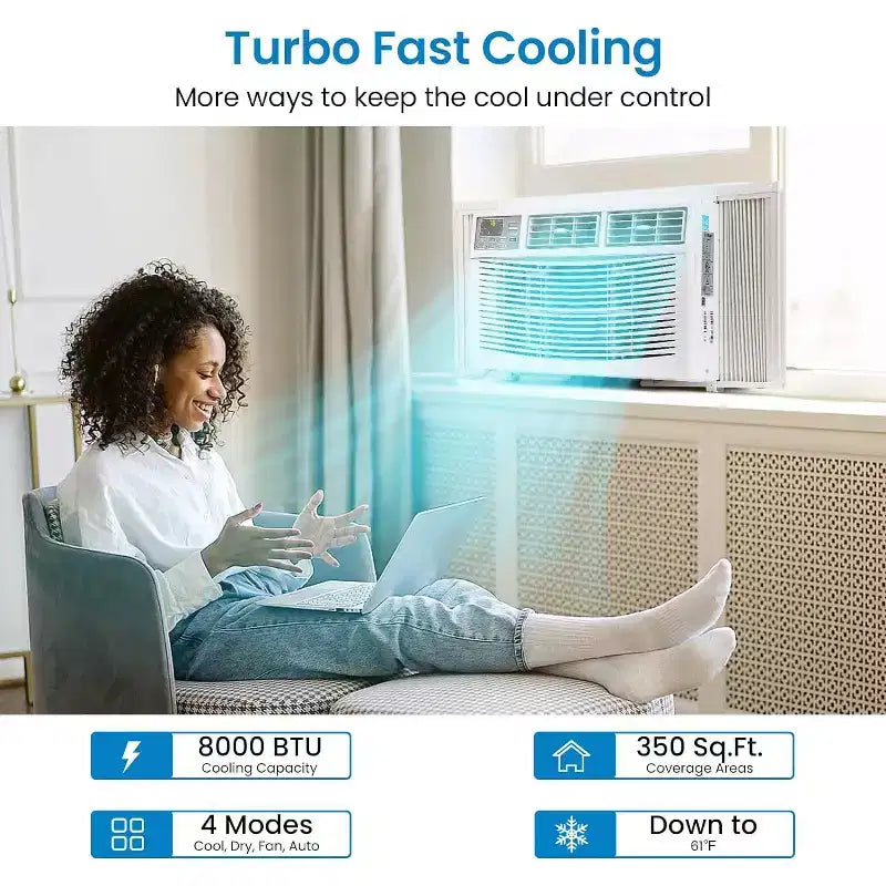 Climatiseur de fenêtre 8000 BTU, unité de climatisation 3-en-1 avec contrôle via application intelligente, déshumidificateur, 3 vitesses de ventilation et télécommande, refroidit des pièces jusqu'à 32,5 m²