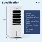 Enfriador/Calefactor de Aire Evaporativo Costway 4 en 1, Enfriador por Evaporación Oscilante sin Salida al Exterior, 3 Modos
