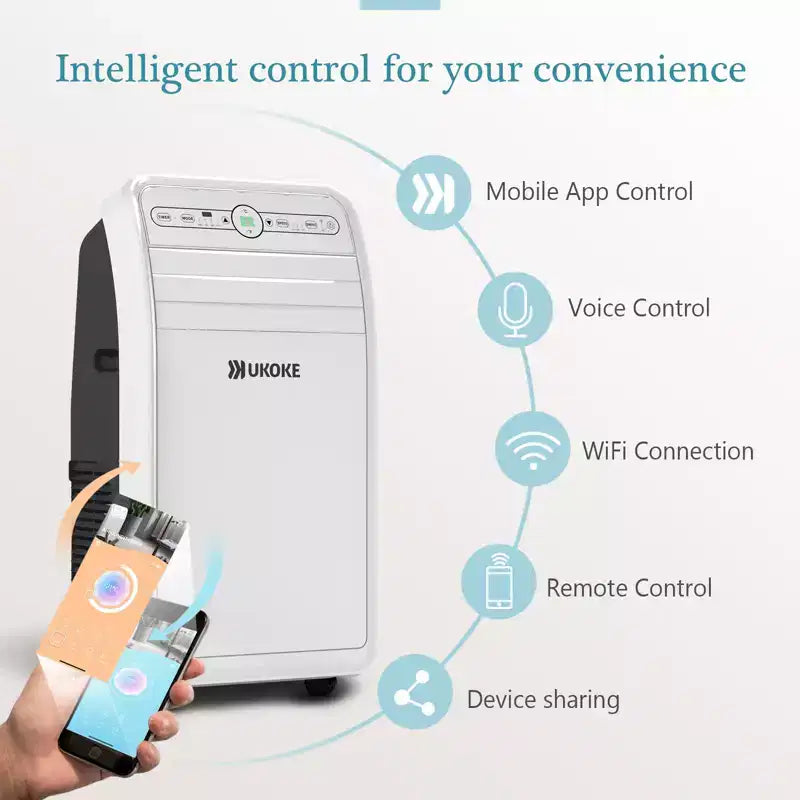Climatiseur portable intelligent WiFi Ukoke USPC01W, 12 000 BTU, commande par application et télécommande, 4-en-1 froid/chaud/déshumidificateur/ventilateur, pour pièces jusqu'à 37 m², blanc