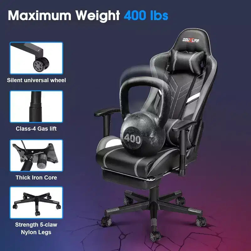 Silla ergonómica para videojuegos Douxlife con masaje de 7 puntos, reposapiés y reposabrazos ajustables, color negro y gris