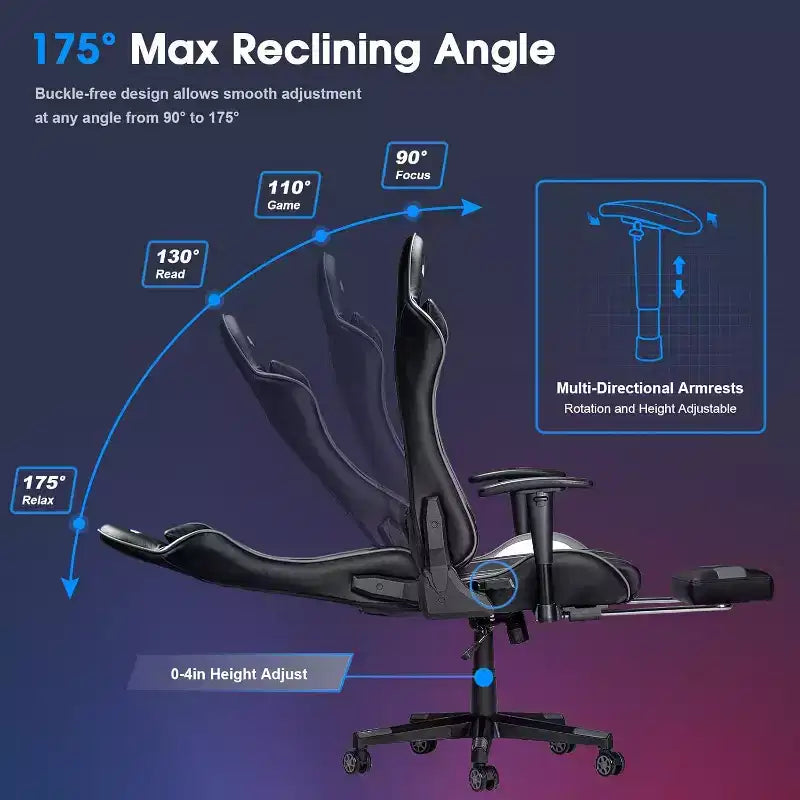 Silla ergonómica para videojuegos Douxlife con masaje de 7 puntos, reposapiés y reposabrazos ajustables, color negro y gris