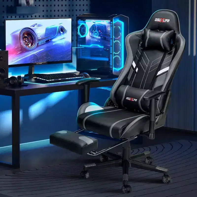 Silla ergonómica para videojuegos Douxlife con masaje de 7 puntos, reposapiés y reposabrazos ajustables, color negro y gris