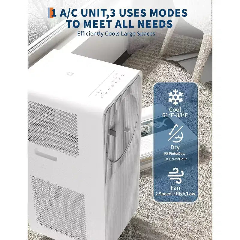 Climatiseur portable Garvee 14000 BTU, panneau de commande moderne blanc facile à utiliser, refroidissement économe en énergie pour grandes pièces, bureau à domicile