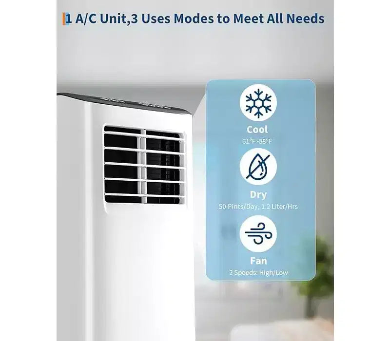 Climatiseur portable Garvee 8000 BTU 3-en-1 : ventilateur, déshumidificateur, télécommande, mode veille, kit fenêtre pour pièces jusqu'à 32,5 m²