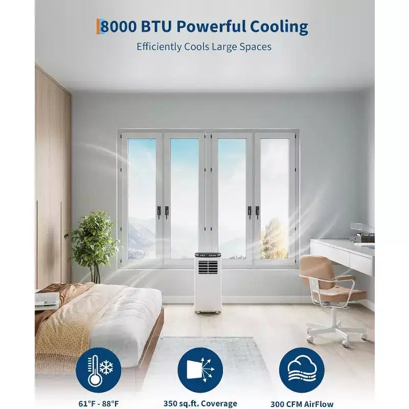 Climatiseur portable Garvee 8000 BTU 3-en-1 : ventilateur, déshumidificateur, télécommande, mode veille, kit fenêtre pour pièces jusqu'à 32,5 m²
