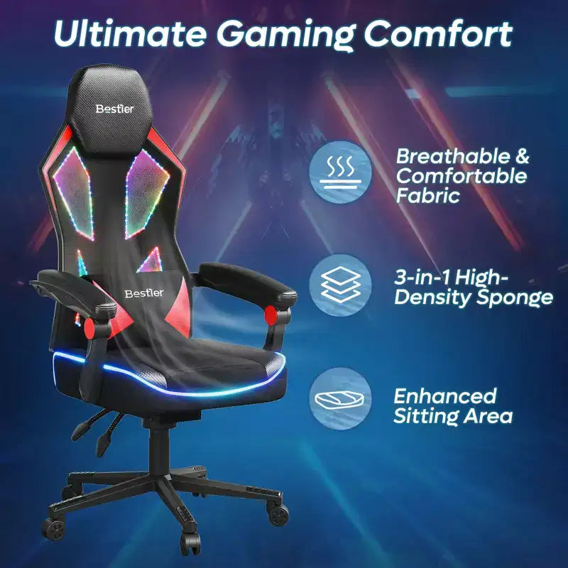 Silla Gaming Bestier con tejido transpirable, iluminación LED RGB y reposabrazos ajustables