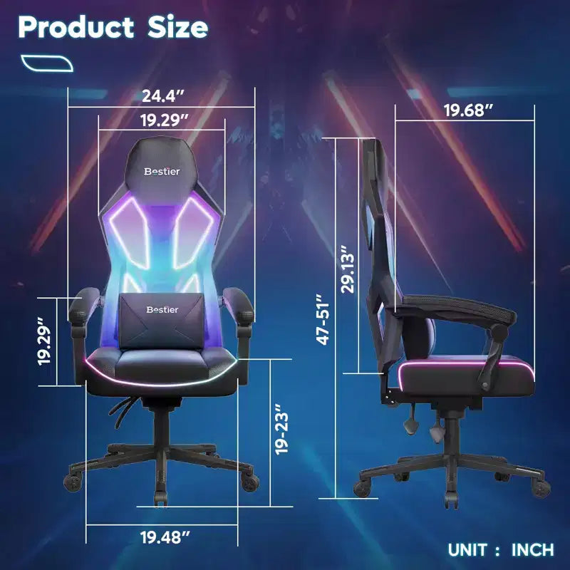 Silla Gaming Bestier con tejido transpirable, iluminación LED RGB y reposabrazos ajustables