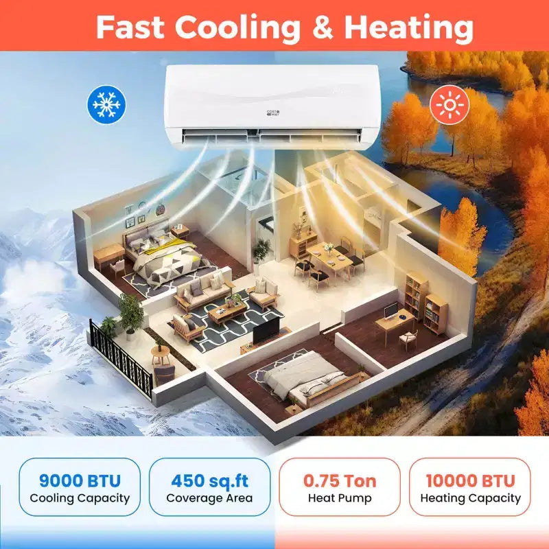 Costway Aire Acondicionado y Calefactor Mini Split de 9000 BTU con Bomba de Calor Pre-cargada de 0.75 Toneladas