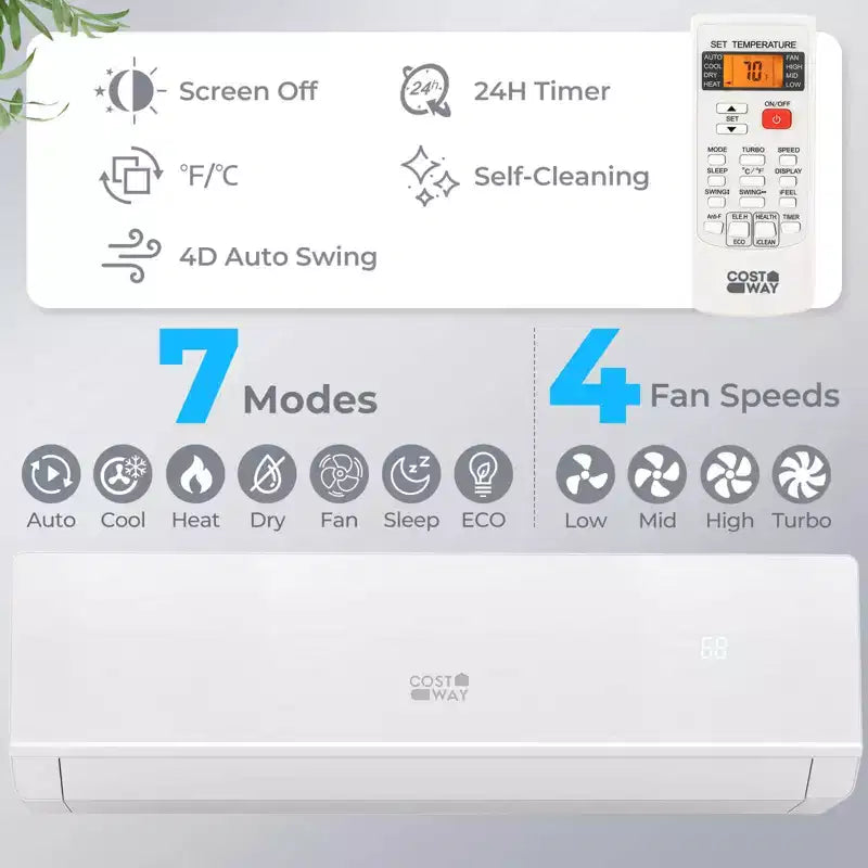 Climatiseur et Chauffage Mini Split 18000 BTU Costway 25 SEER2 Unité de climatisation 208-230V