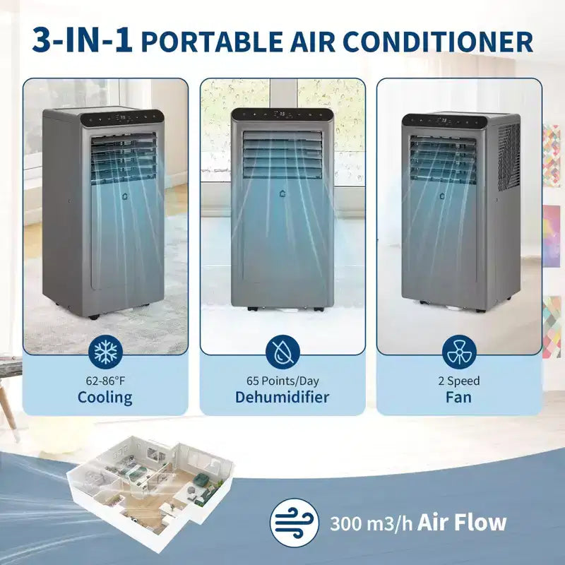 Aires Acondicionados Portátiles de 10000 BTU, Aire Acondicionado Portátil 3 en 1 con Deshumidificador, Ventilador, Control Remoto, Modo Noche, Kit de Instalación para Ventana, Hasta 450 Pies Cuadrados.