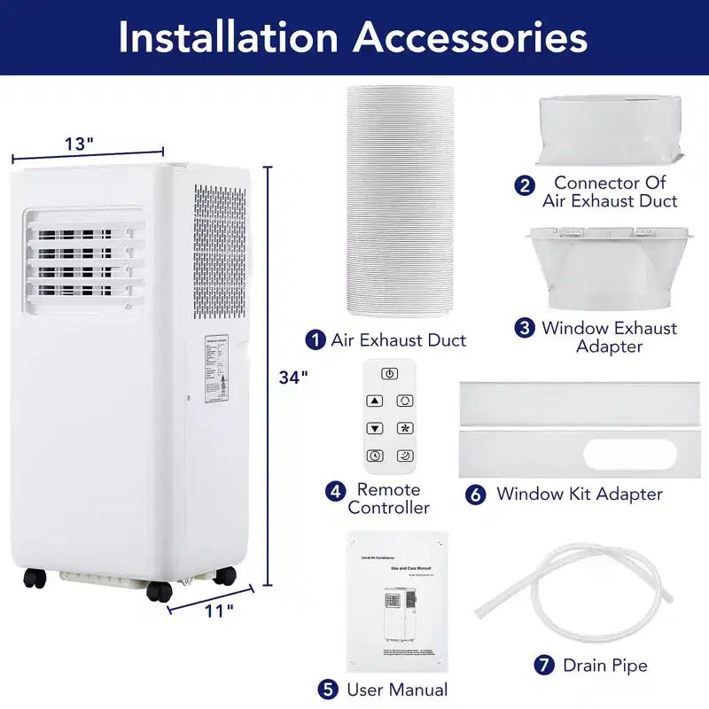 Climatiseur portable 8 000 BTU (ASHRAE) / 6 000 BTU (SACC) avec fonctions de refroidissement, de déshumidificateur et de ventilation, télécommande, mode veille, minuterie 24 h