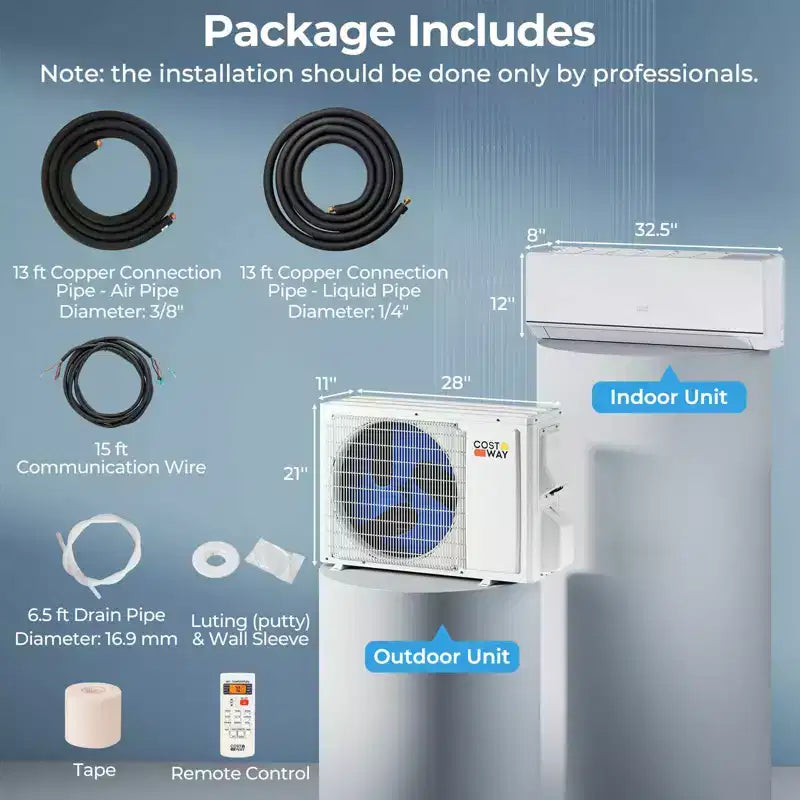 Climatiseur et Chauffage Mini Split Costway 12000 BTU 230 V avec Pompe à Chaleur 1 Tonne et Kit d'Installation