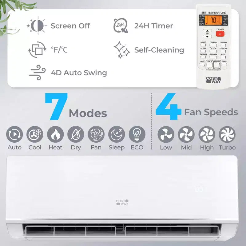Climatiseur et Chauffage Mini Split Costway 12000 BTU 230 V avec Pompe à Chaleur 1 Tonne et Kit d'Installation